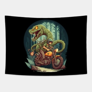 forest snake monster in desert with  friend riding motorcycle Tapestry