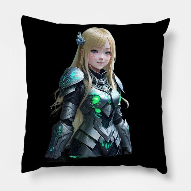 Smiling Anime Girls In Armor Pillow by JayDs Shop