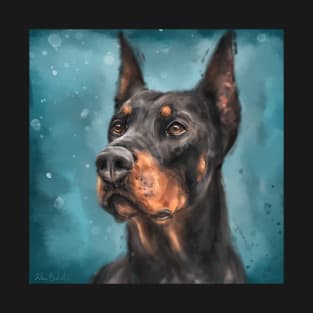 Painting of a Gorgeous Black and Gold Doberman on Dark Blue Background T-Shirt