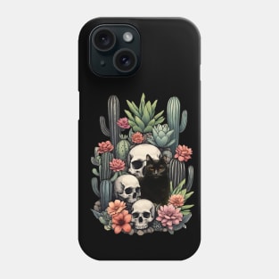 Black cat with skull, skeleton with succulent plant, cat lover, succulent plant lover Phone Case