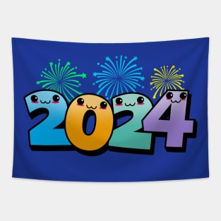 Kawaii New Year 2024 Cute Fireworks New Year Cartoon Tapestry