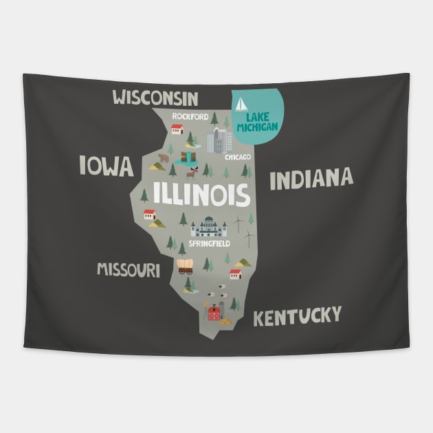 Illinois State USA Illustrated Map Tapestry by JunkyDotCom