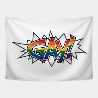 Halftone Gay Pride Typography with Rainbow Flag Background Tapestry