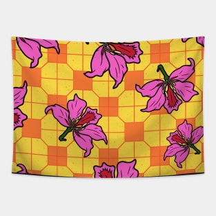 Hong Kong Bauhinia with Orange and Yellow Tile Floor Pattern - Summer Flower Pattern Tapestry