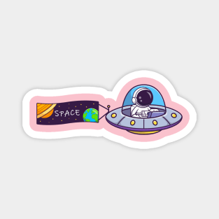 Cute Astronaut Riding UFO With Space Banner Cartoon Magnet