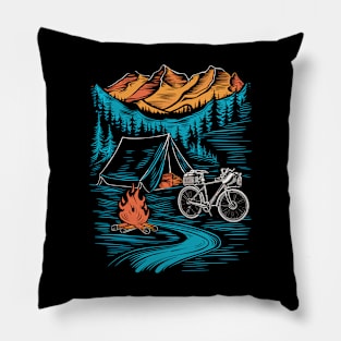 Bicycle Camping Mountains Nature Excursion Pillow