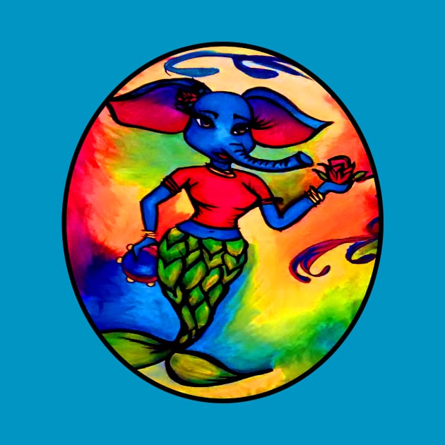 Beautiful Blue Elephant Mermaid with Red Rose and Tambourine by artbyomega