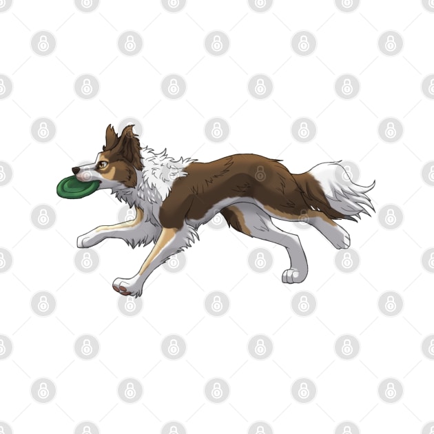 Running Tricolor Brown Border Collie with Frisbee by Bamsdrawz