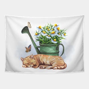 Watercolor Outdoor Sleeping Cat Tapestry