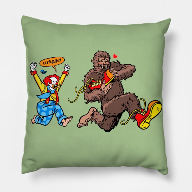 Bigfoot and Clown - Big Shoes to Fill Pillow by Angel Robot