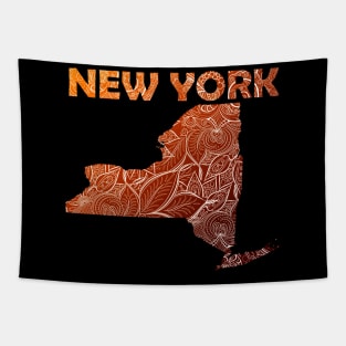 Colorful mandala art map of New York with text in brown and orange Tapestry