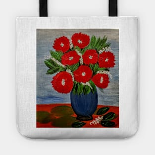 red poppies mixed with white flowers In a blue vase Tote