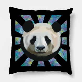 Striking Panda bear on Blue Bubble patterned sun rays Pillow