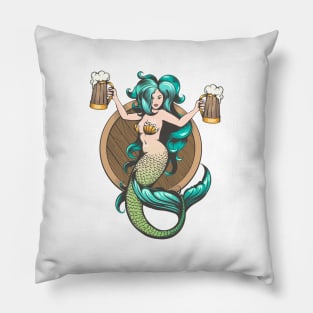 Mermaid With Mugs of Beer Tattoo Illustration Pillow