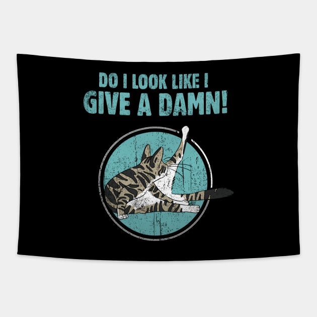 Funny cat cleaning butt joke 'do I look like I give a damn' vintage style cat graphic Tapestry by Keleonie