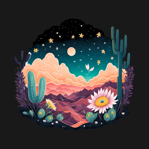 Beautiful Desert and Cactus Moon and Stars by Shaymalily