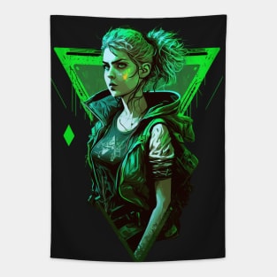 Cyberpunk Girl On Green Neon Background Tapestry