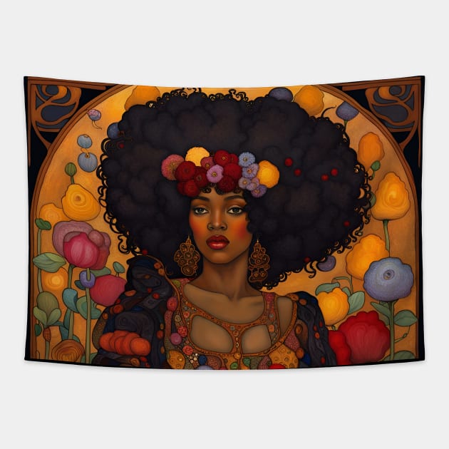 Beautiful Black Woman Woman with Flowers, Art Nouveau Tapestry by LittleBean