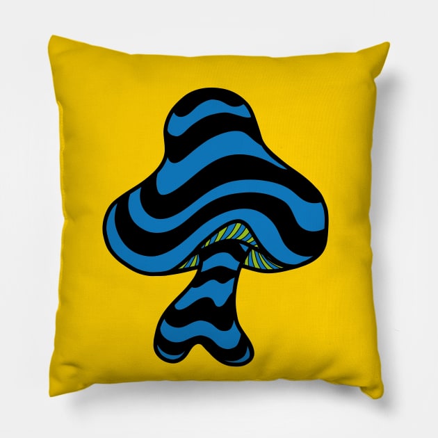 The Perfect Mushroom: Exotic Trippy Wavy Blue & Black Stripes Contour Lines with Green Underbelly Pillow by Ciara Shortall Art