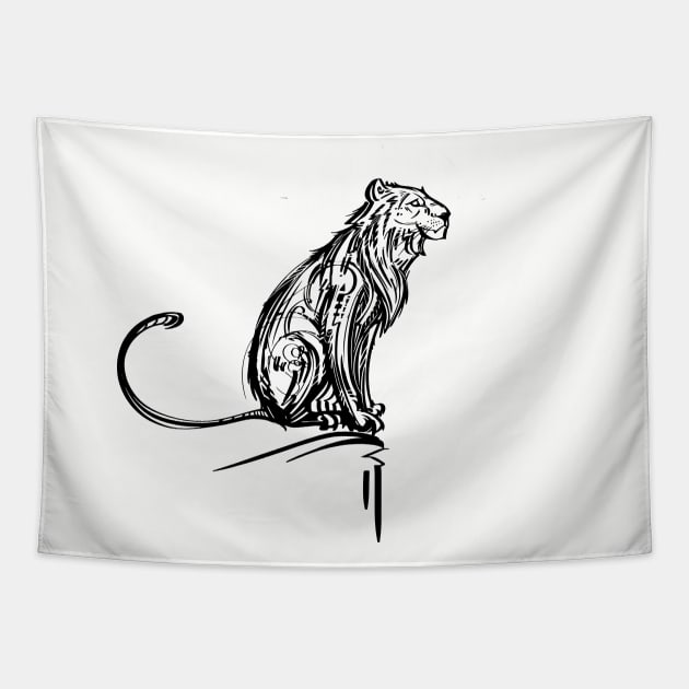 Sunset Lion - black line Tapestry by SimonHaiduk