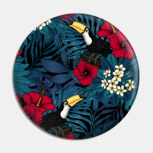 Toucans and tropical flora, blue and red Pin