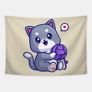 Cute Cat Playing Yarn Ball Cartoon Tapestry