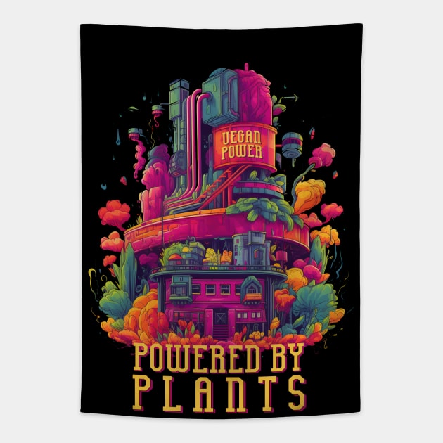 Powered By Plants - Synthwave Style Vegetable Power Plant Tapestry by emmjott