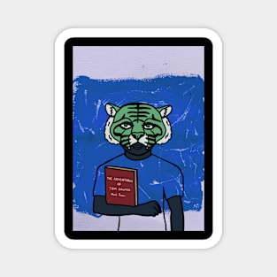 Expressive Male Character with Animal Mask and Green Eyes Reading a Blue Book Magnet