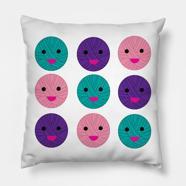 Balls of Yarn Kawaii Pink Purple Teal Pillow by Beautiful Cuteness