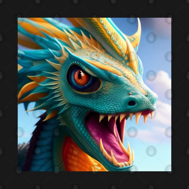 Ferocious Cyan and Gold Baby Dragon by dragynrain