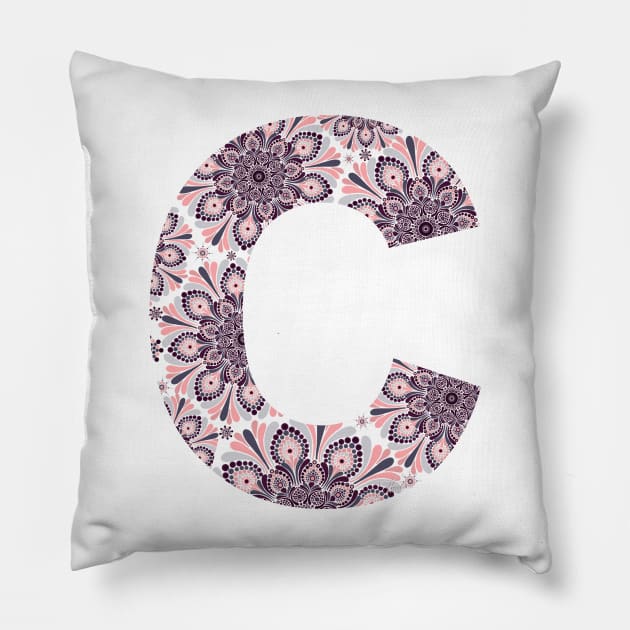 Dark Mandala Letter Capital C Grey Pillow by Shaseldine