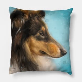 Painting of a Three Colored Collie Dog on Blue Background Pillow