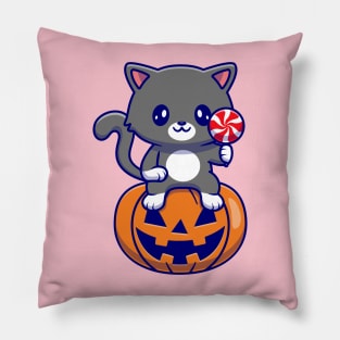 Cute Cat Sitting On Pumpkin Halloween Holding Candy  Cartoon Pillow