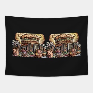 Monster Hamburger Looms Over Town Tapestry