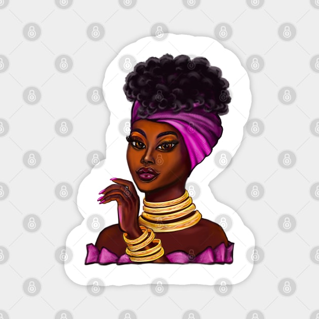 Queen Black is beautiful anime manga black girl with Gold bangles, neck ring necklace, purple dress and head wrap, brown eyes and dark brown skin ! Magnet by Artonmytee