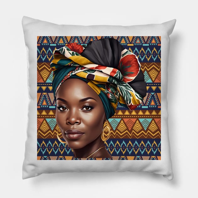 Beautiful African Woman on Tribal Background 2 Pillow by Jay Major Designs