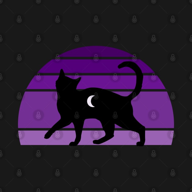 Purple Retro sunset Cute Black Cat by WassilArt