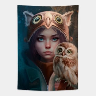 Adventure girl and owl Tapestry