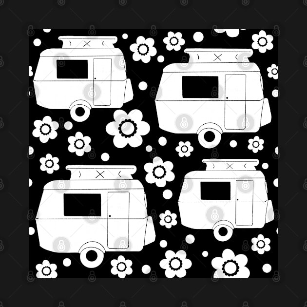 Daisy Polka Dot Vintage Caravan Pattern in Black and White by NattyDesigns