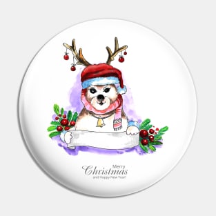 Puppy Christmas Watercolor hand Drawn Pin