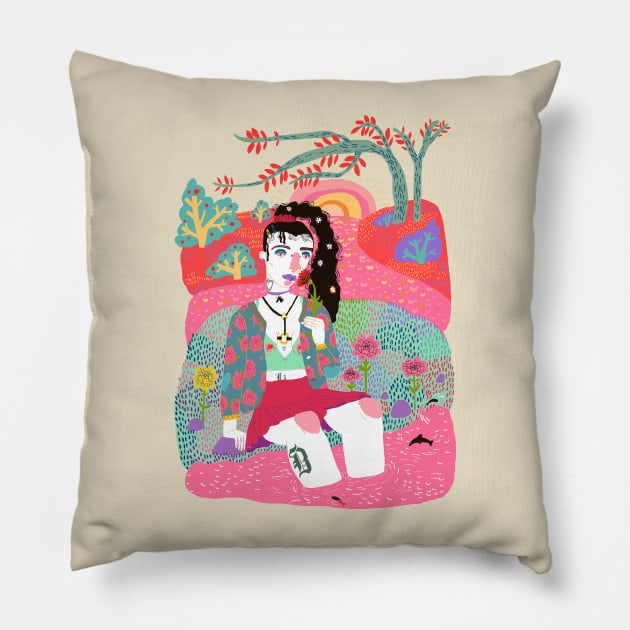 Girl sitting alone in the grass by the river Pillow by ezrawsmith