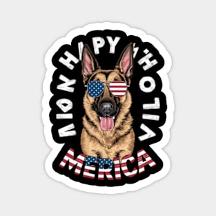 A cartoon German Shepherd in American flag colors has an American flag-colored face, wearing American flag-colored sunglasses(4) Magnet