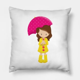 Girl In Raincoat, Girl With Umbrella, Brown Hair Pillow