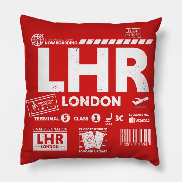 Vintage London LHR Airport Code Travel Day Retro Travel Tag Pillow by Now Boarding