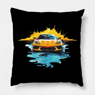 Orange C8 Corvette Racecar Splatter Art Pillow