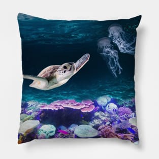 Sea Turtle swimming near Coral Reefs and Jellyfish Pillow