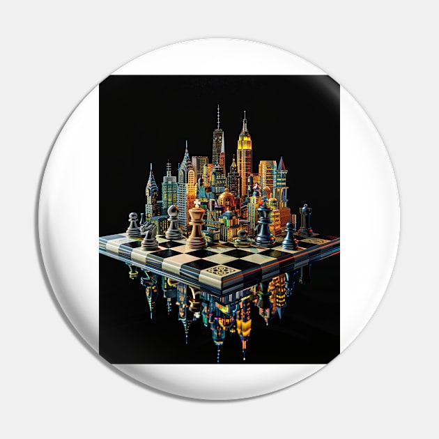 Cityscape Gambit: Skyline Chess Match Tee gift Pin by familycuteycom