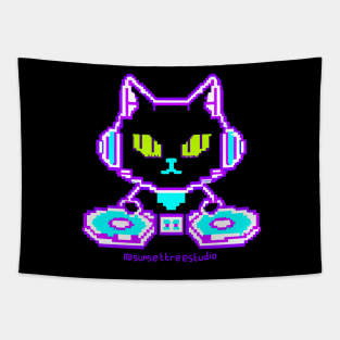 Neon Pixel Cat DJ Tapestry