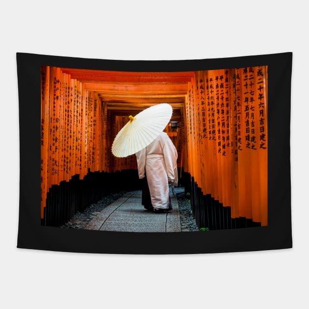 Shinto Priest at Fushimi Inari Taisha Tapestry by LukeDavidPhoto