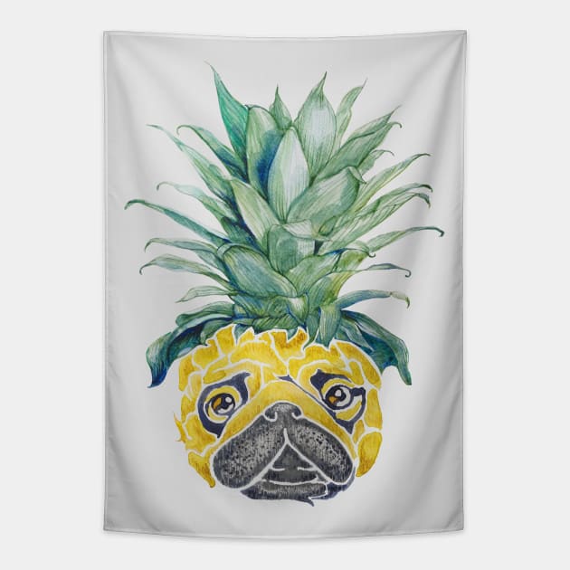 Pineapple Pug Watercolor Tapestry by huebucket